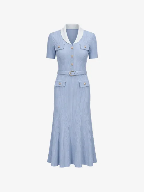 Self-Portrait blue ribbed knit midi dress