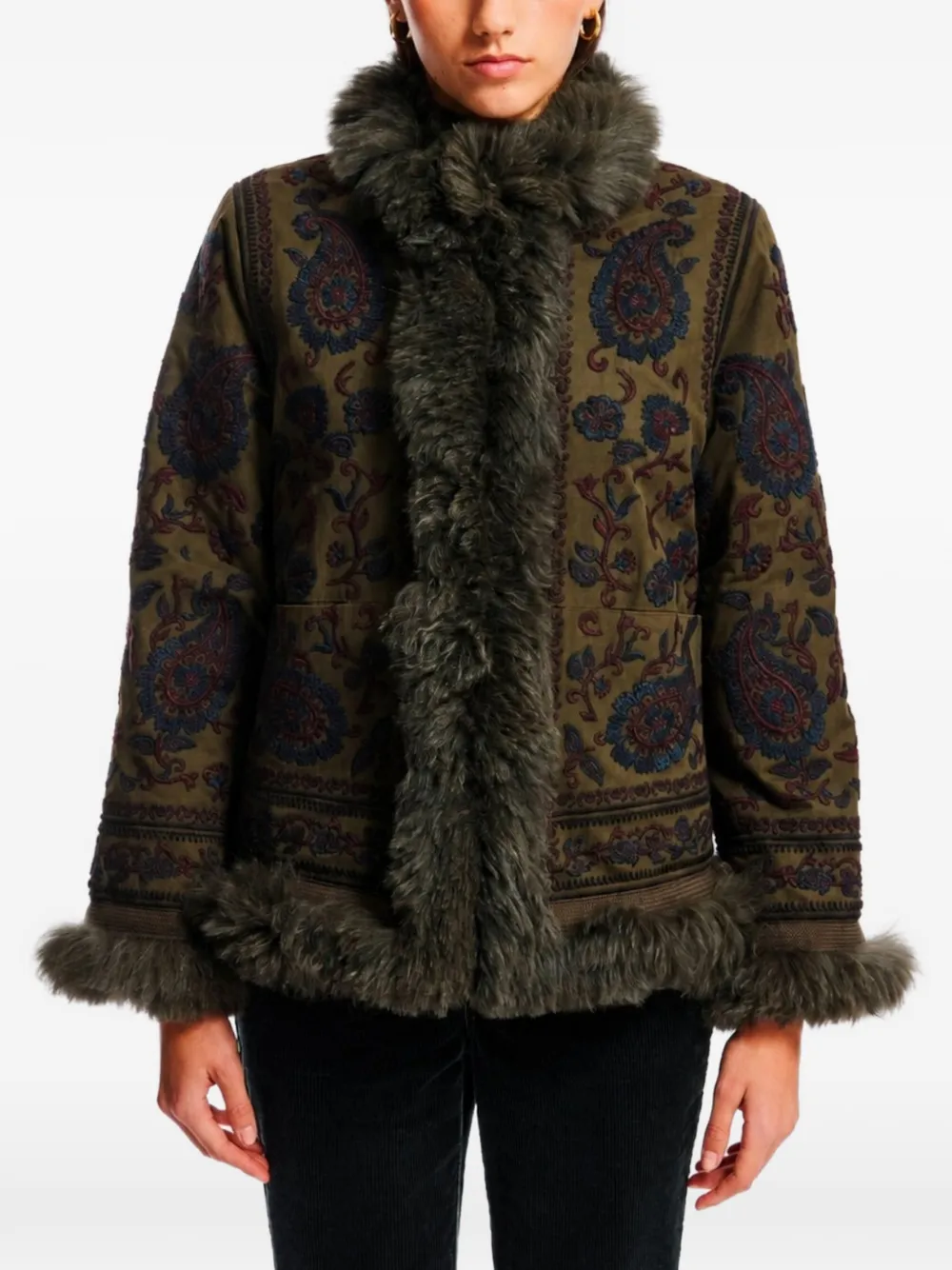 Antik Batik paisley-embroidered faux-fur-trim jacket