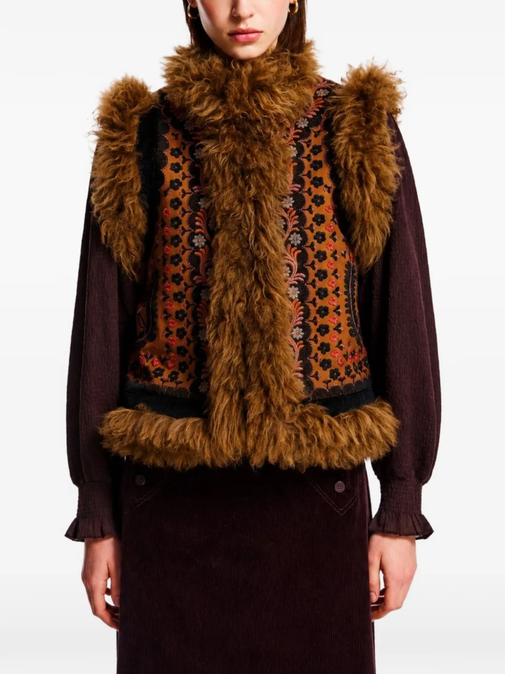 Antik Batik Sandora gilet met geborduurde lammy afwerking Bruin