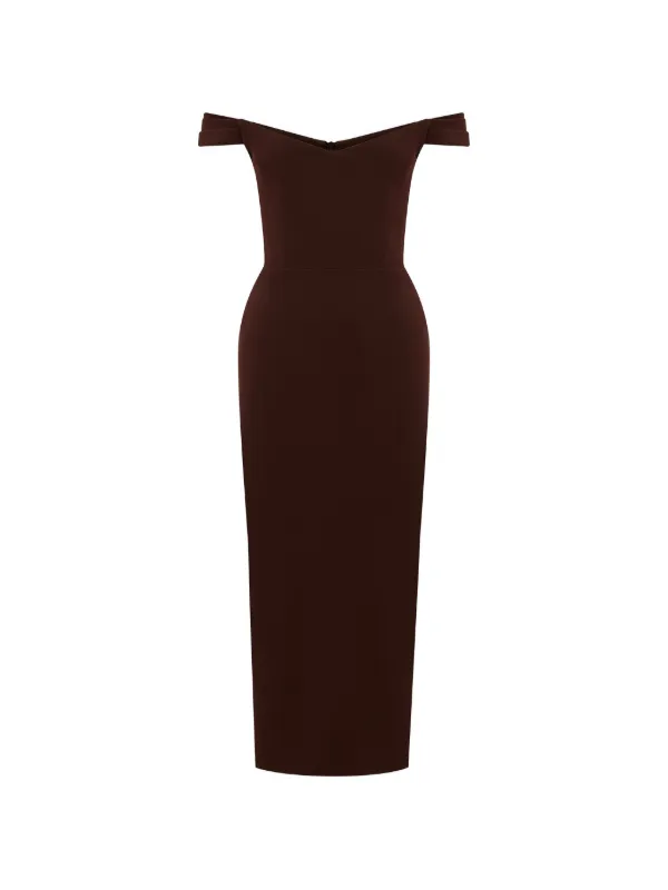 Alex Perry Off-shoulder Midi Dress in Brown