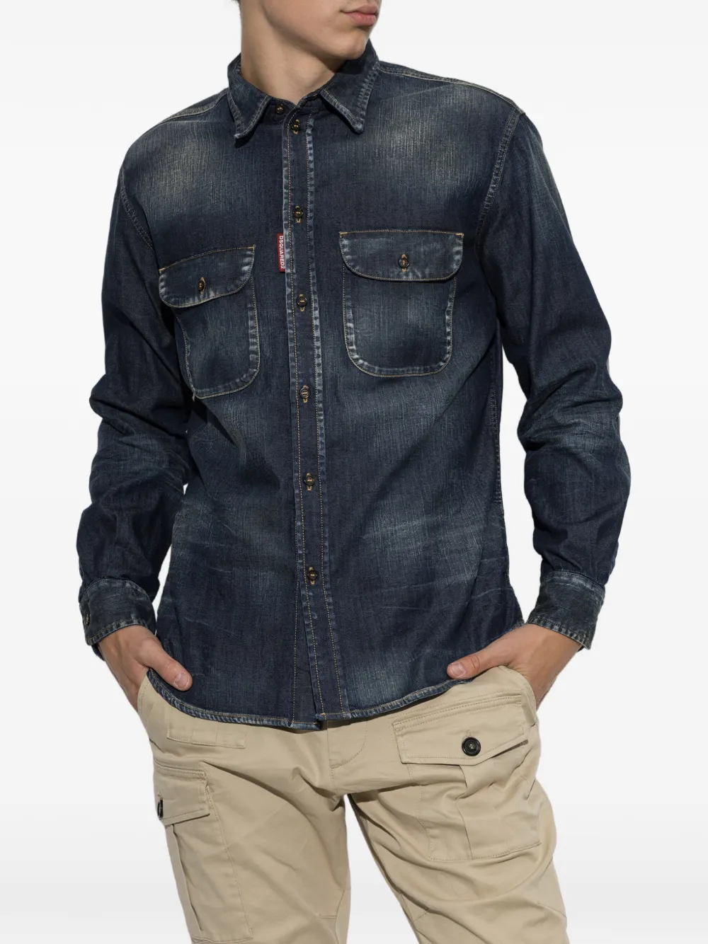 DSQUARED2 Denim overhemd met vervaagd effect en leren patch Blauw