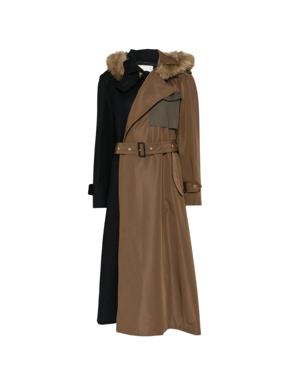 sacai colour-block faux fur-trim coat - Marrone