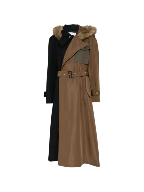 sacai colour-block faux fur-trim coat
