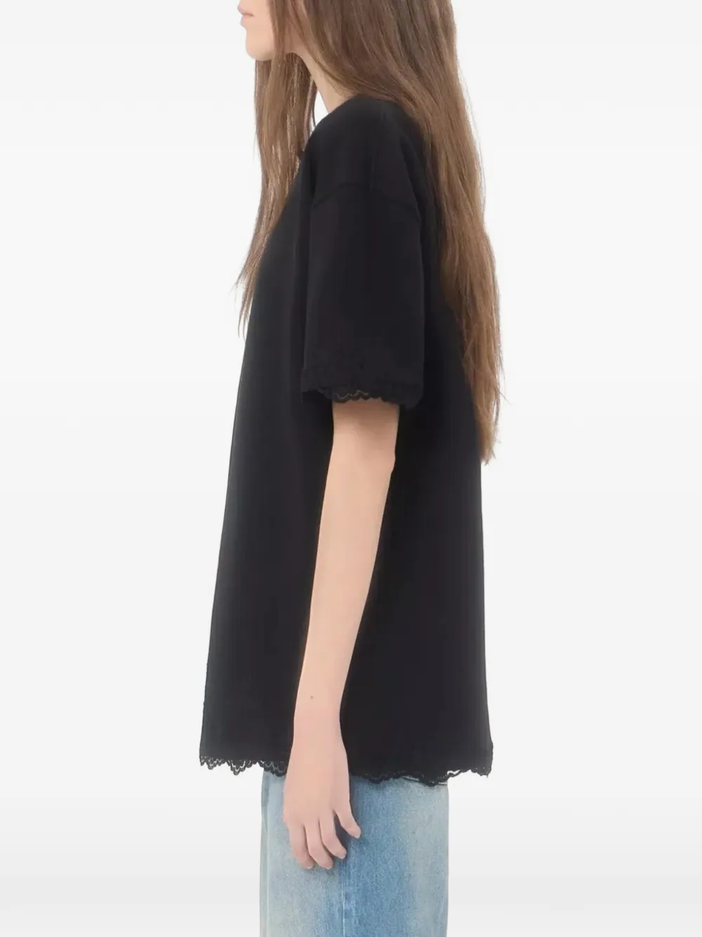 Valentino Garavani lace-trim embroidered T-shirt Zwart