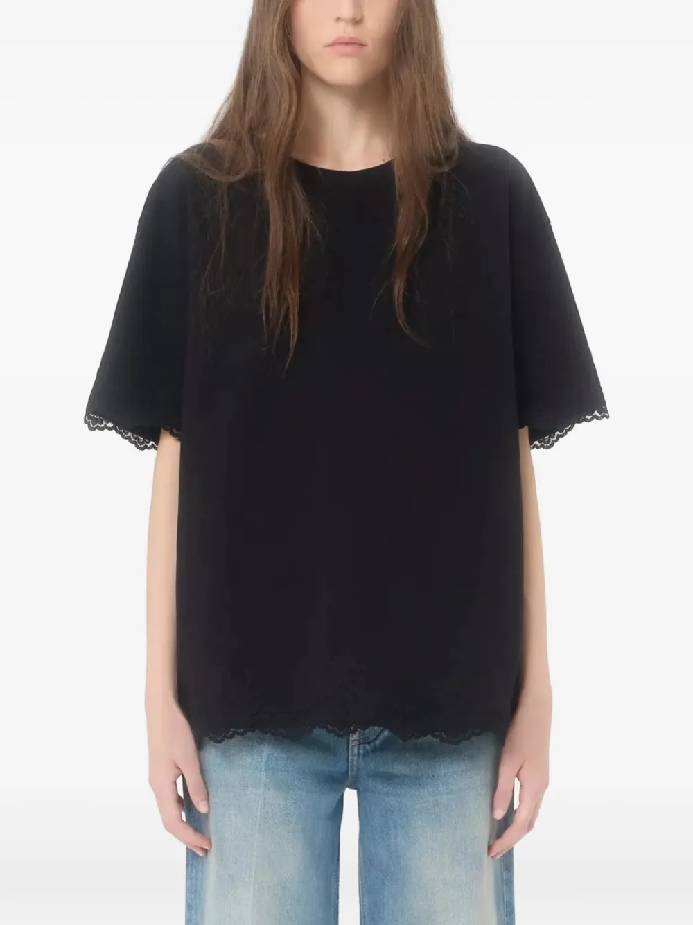 Valentino Garavani lace-trim embroidered T-shirt Zwart