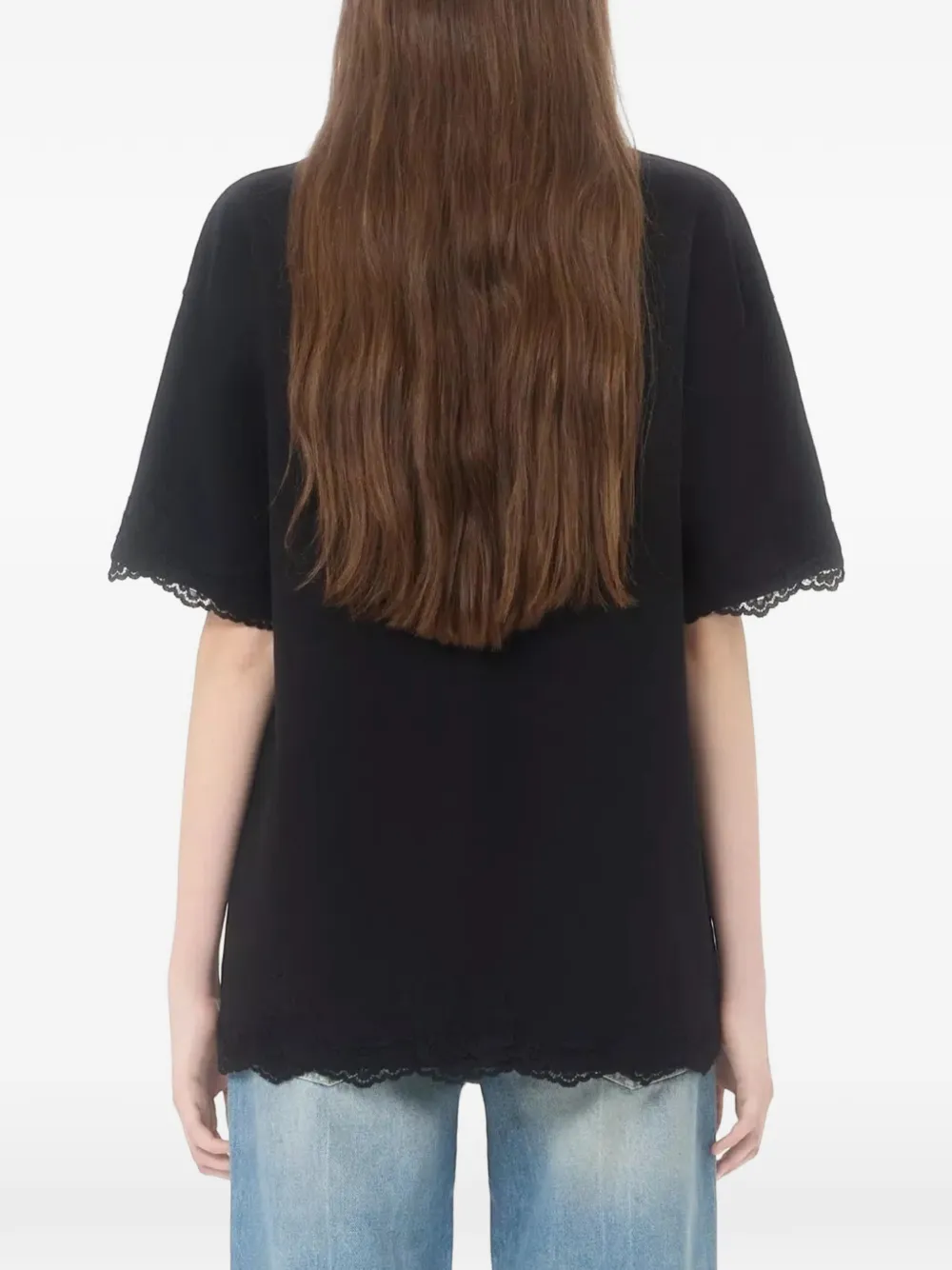 Valentino Garavani lace-trim embroidered T-shirt Zwart