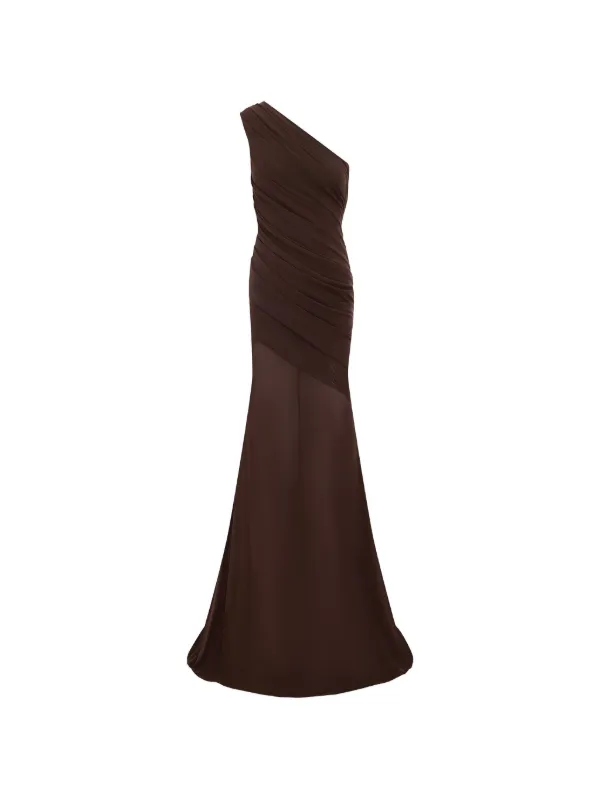 Alex Perry One-shoulder Ruched Gown in Brown