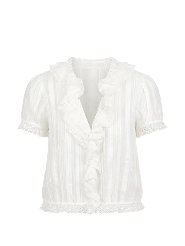 Dôen Bernadette Ruffled Lace-trim Blouse in White
