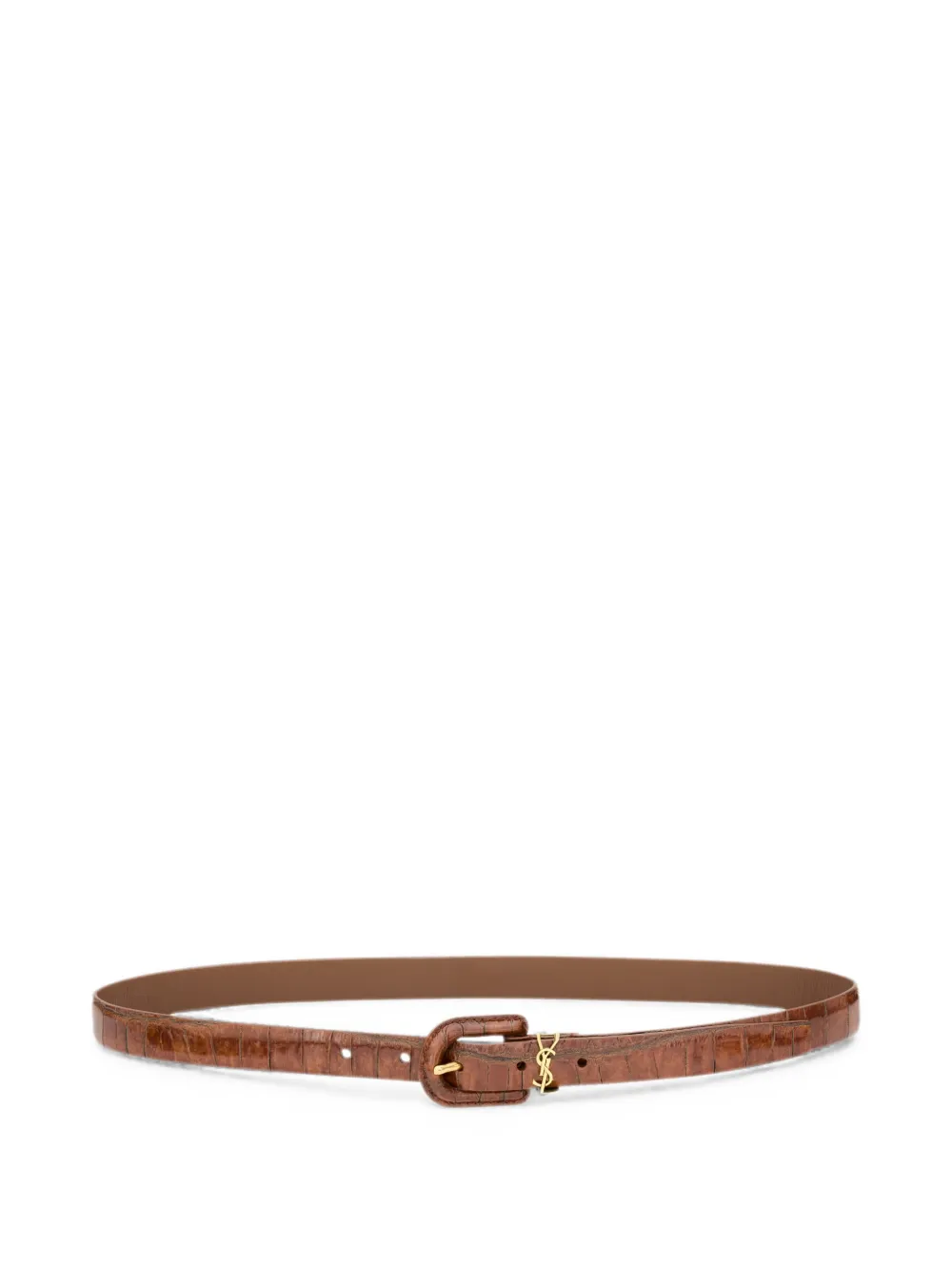Saint Laurent Cassandre thin belt in crocodile-embossed leather - Braun