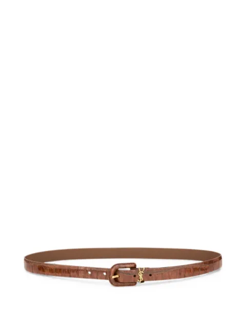 Saint Laurent Cassandre thin belt in crocodile-embossed leather