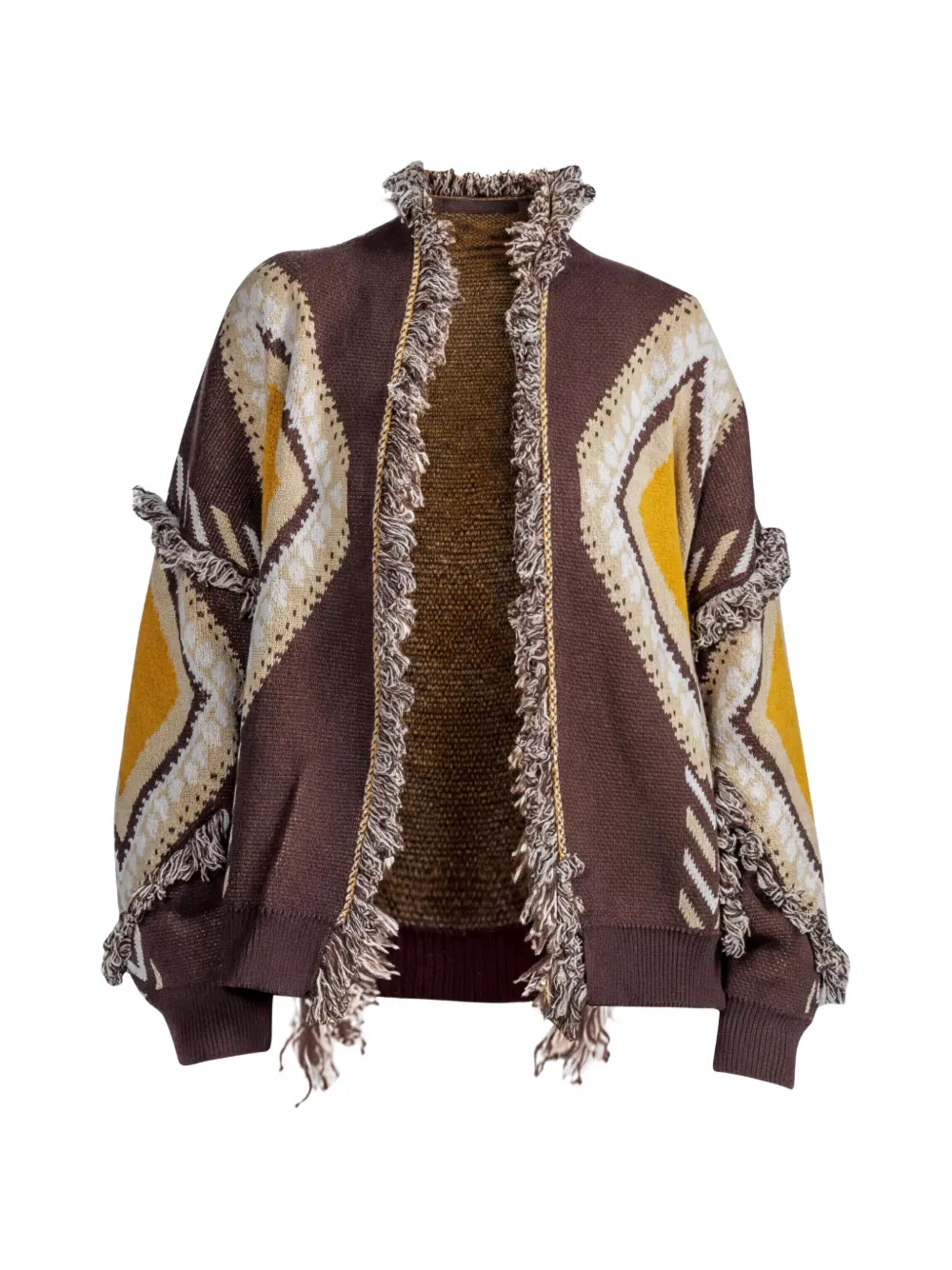 tensione in geometric-pattern fringed cardigan - Braun