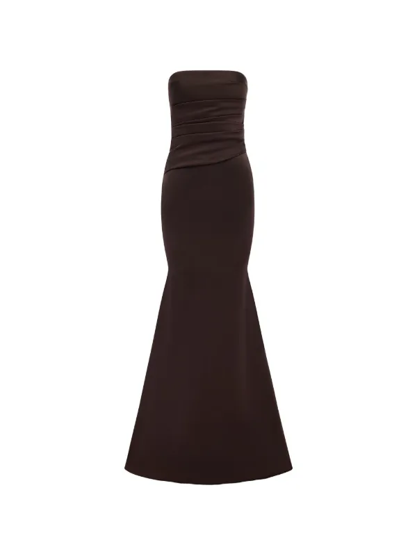 Alex Perry Strapless Ruched Maxi Gown in Brown