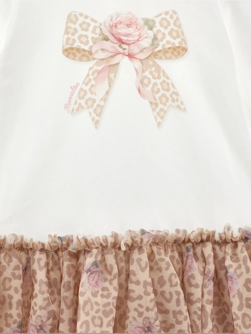 Monnalisa Jurk met strik en luipaardprint en ruches Wit
