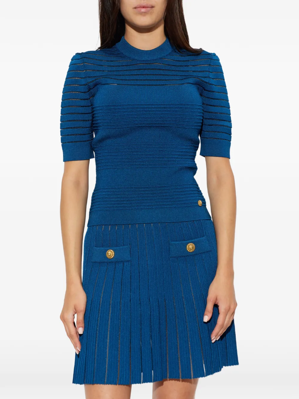 Balmain Top met doorzichtige vlakken en leeuwenkop Blauw