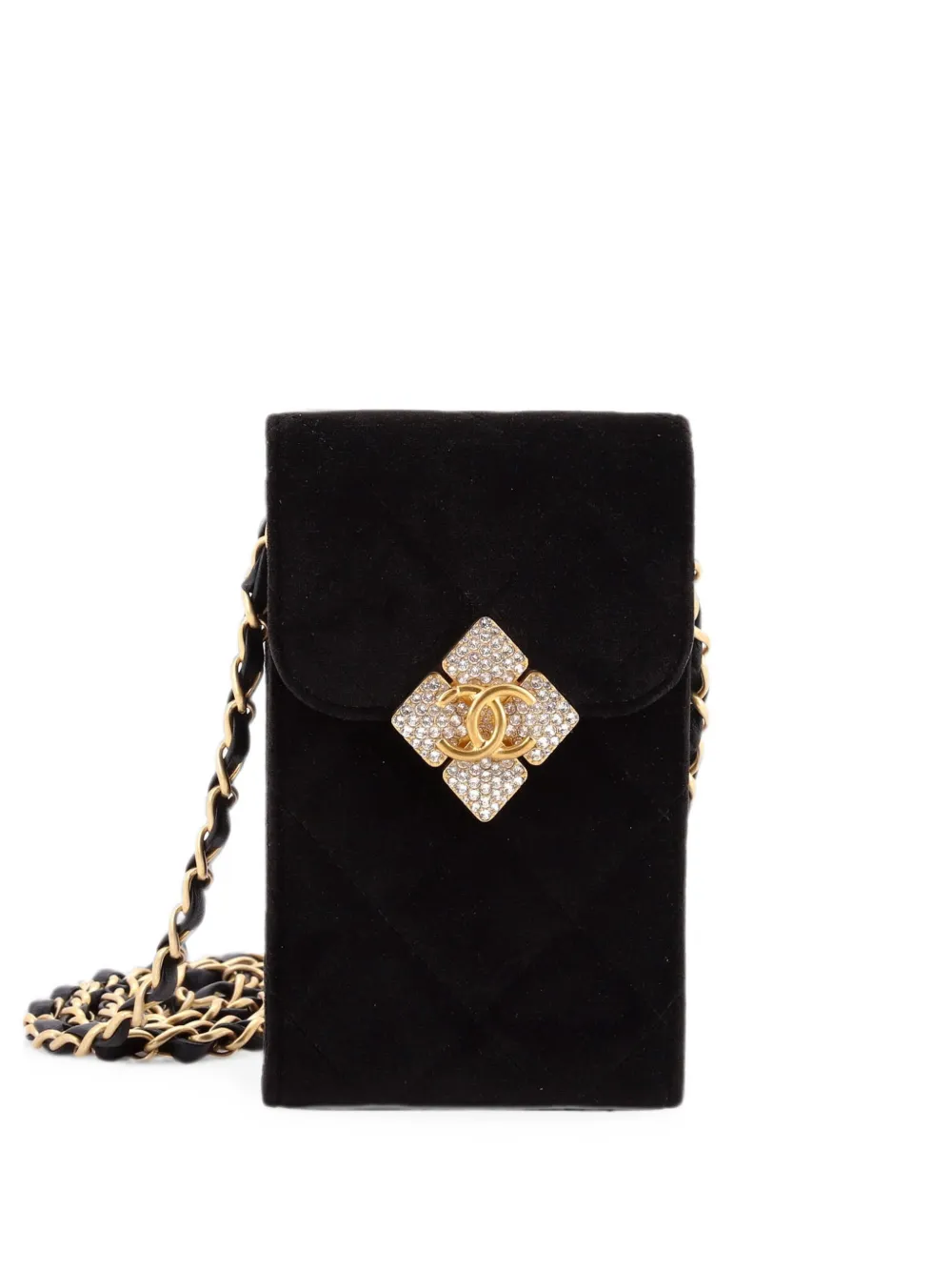 CHANEL Pre-Owned Diamond Lock CC Phone Holder with Chain Quilted Velvet with Crystals crossbody bag - Nero