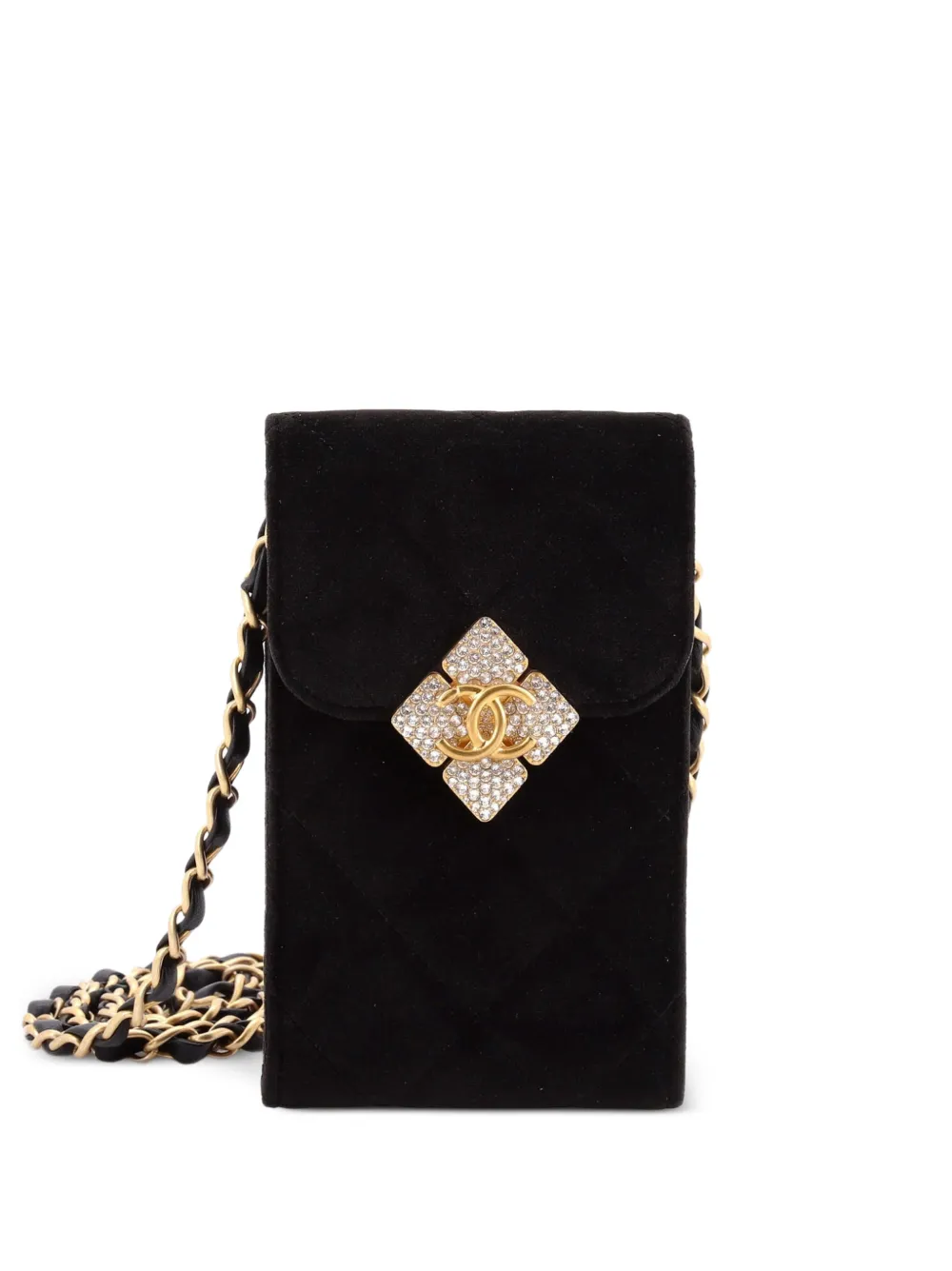 CHANEL Pre-Owned Diamond Lock CC Phone Holder with Chain Quilted Velvet with Crystals crossbody bag - Nero