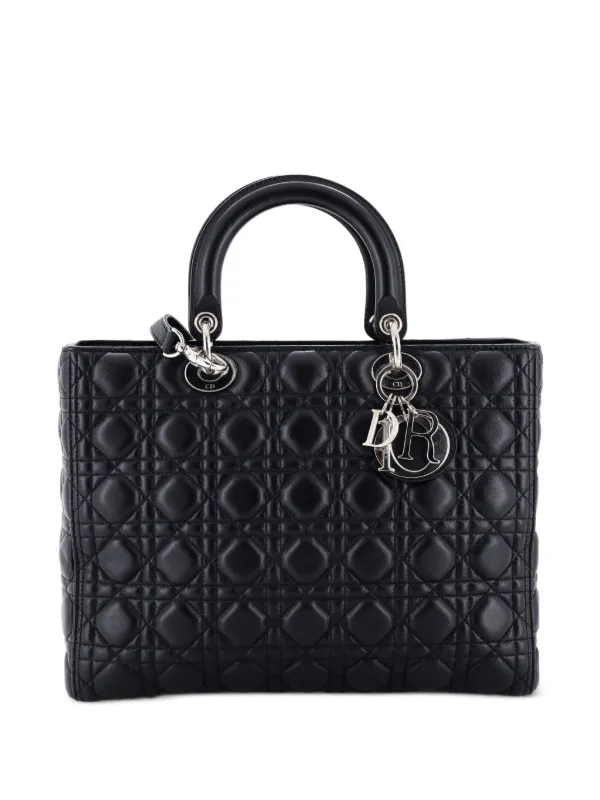 Dior Pre-owned Lady Dior Bag Cannage Quilt Lambskin Large Tote Bag in Black