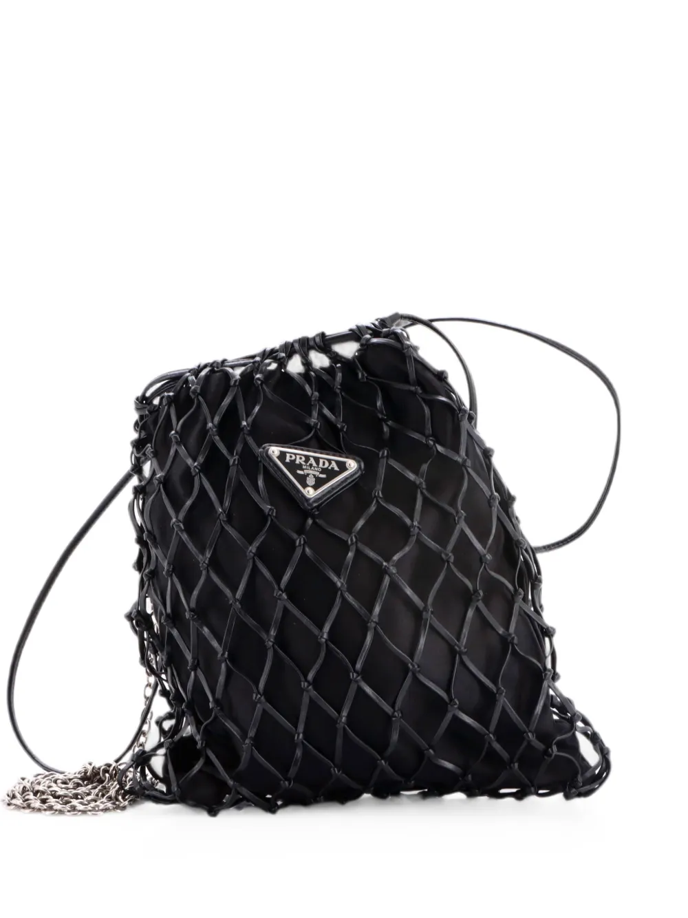 Prada Pre-Owned Fishnet Chain Crossbody Bag Woven Leather and Satin bucket bag - Schwarz