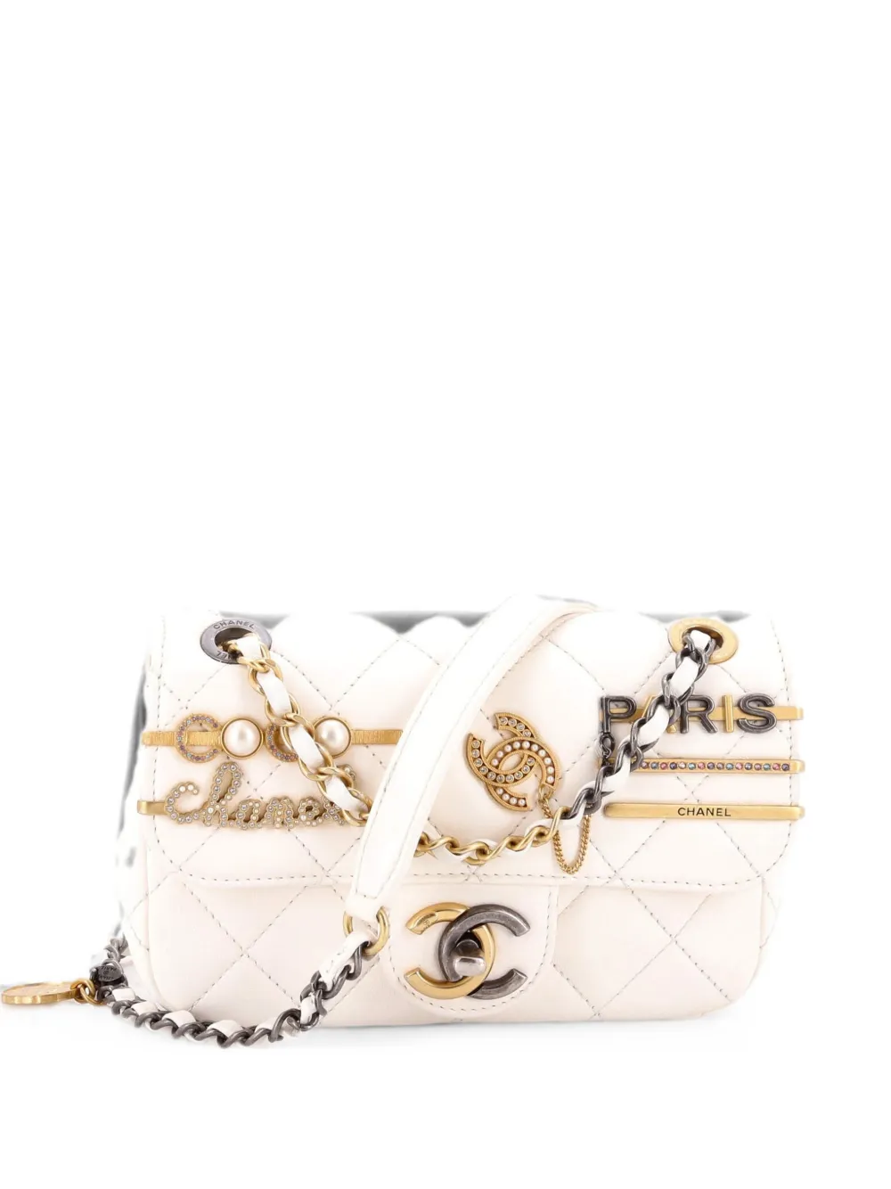 CHANEL Pre-Owned Mini Coco Clips Flap Umhängetasche aus gestepptem Lammleder mit Verzierung - Nude