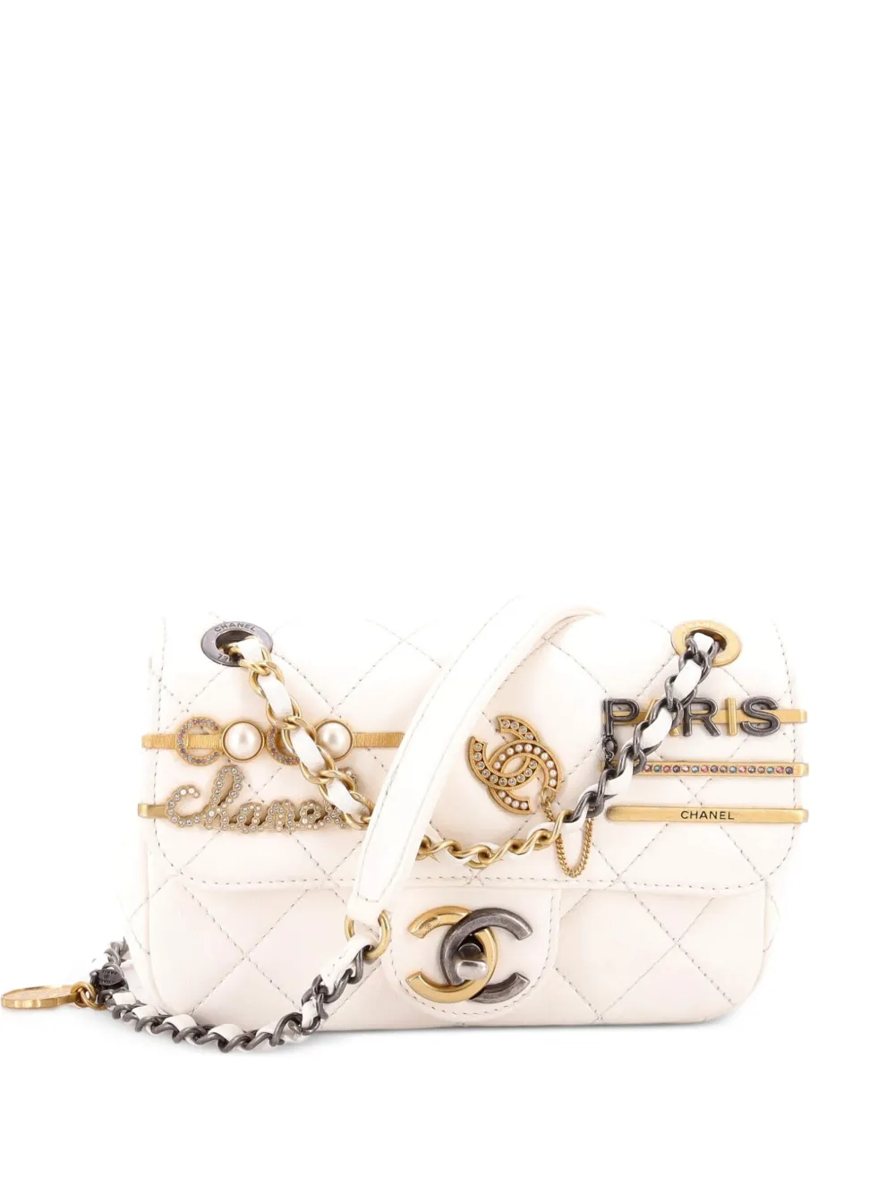 CHANEL Pre-Owned Mini Coco Clips Flap Umhängetasche aus gestepptem Lammleder mit Verzierung - Nude