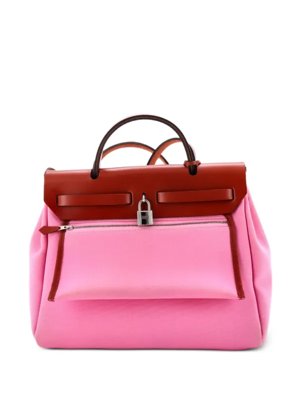 Hermès Pre-owned Herbag Zip Leather and Toile 31 Shoulder Bag in Pink