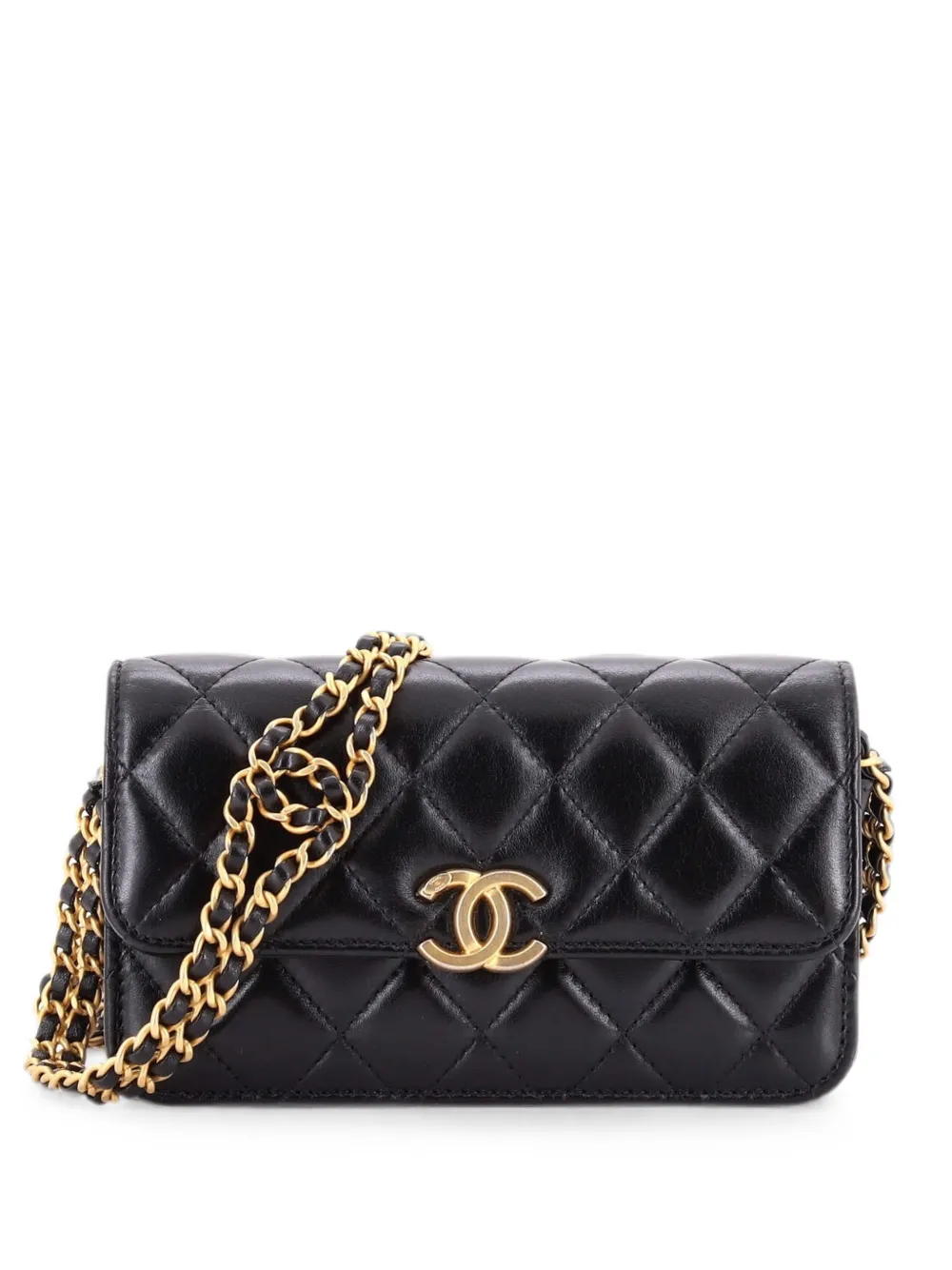 CHANEL Pre-Owned CC Woven Flap Phone Holder with Chain Quilted Shiny Lambskin shoulder bag - Nero