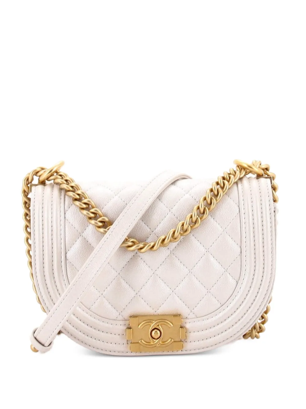 CHANEL Pre-Owned Kleine Boy Curved Umhängetasche aus gestepptem Kaviarleder - Weiß