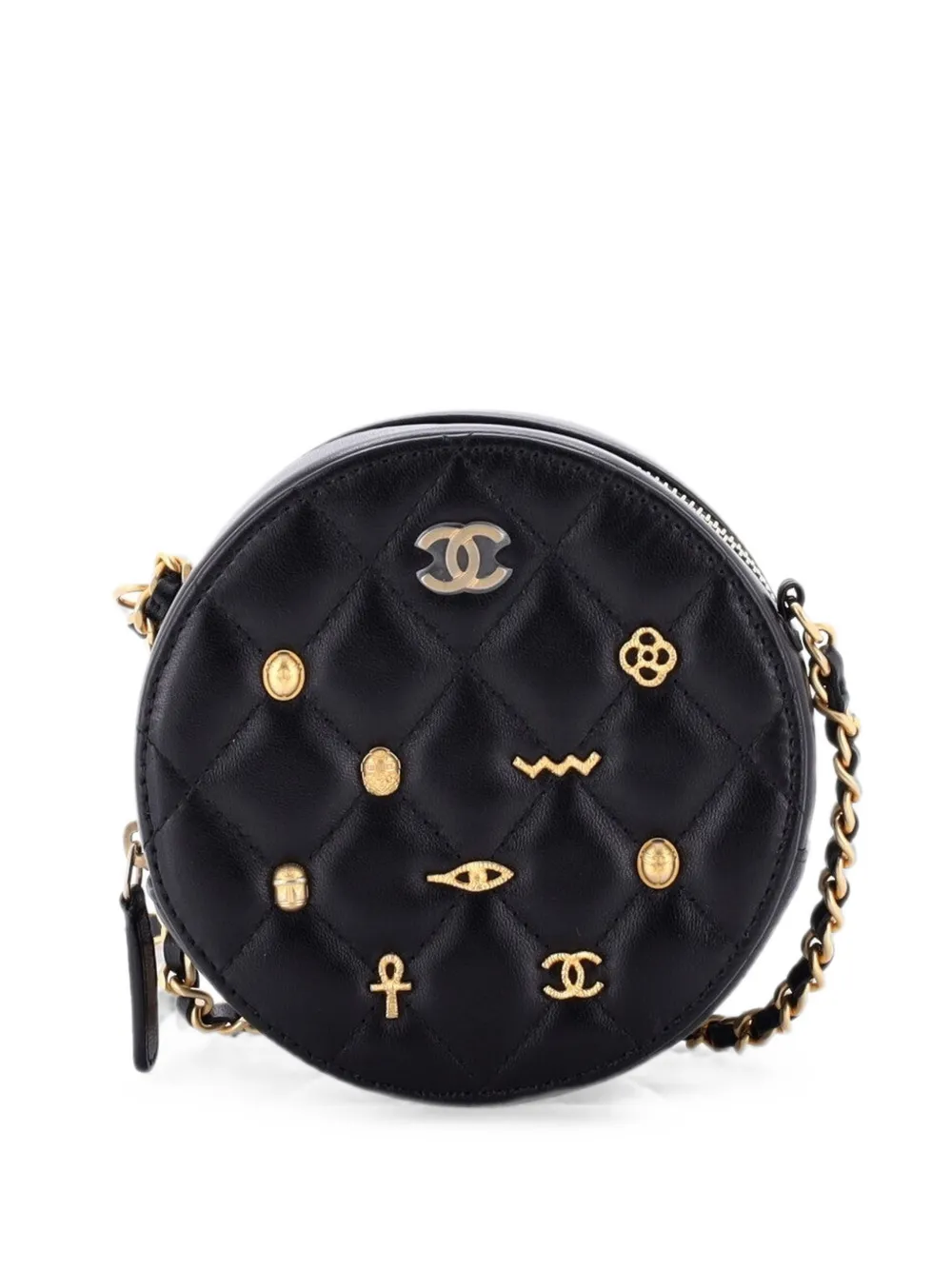 CHANEL Pre-Owned Egyptian Amulet Round Chain Quilted Calfskin Mini clutch bag - Nero