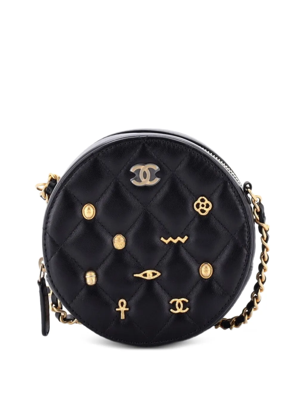 CHANEL Pre-Owned Egyptian Amulet Round Chain Quilted Calfskin Mini clutch bag - Nero