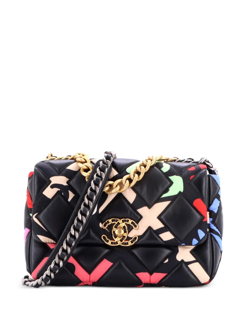 CHANEL Pre-Owned 19 Flap Bag Quilted Lambskin and Printed Silk Medium shoulder bag - Schwarz