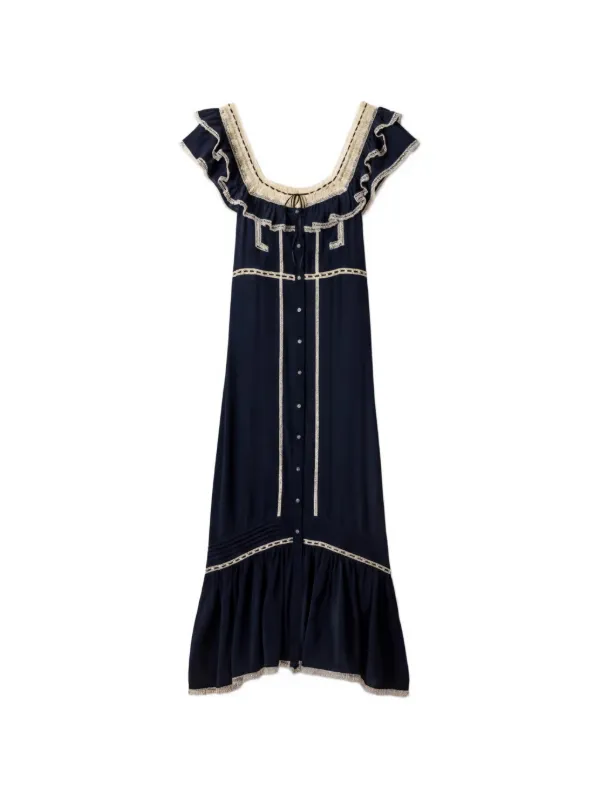 Kendara Ruffled Lace-trim Midi Dress in Black