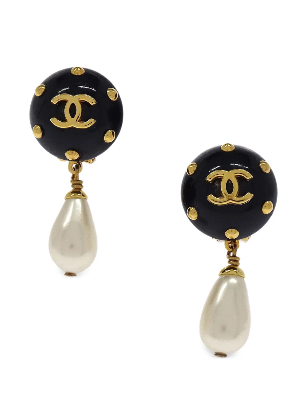 CHANEL Pre-Owned 1996 interlocking CC faux-pearl drop earrings - Oro