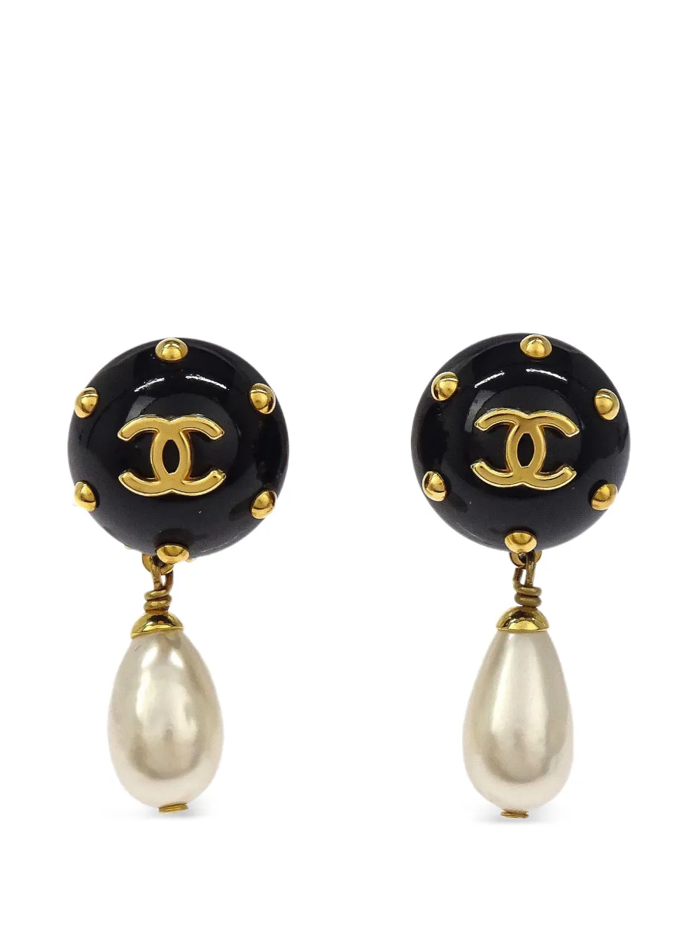 CHANEL Pre-Owned 1996 interlocking CC faux-pearl drop earrings - Oro