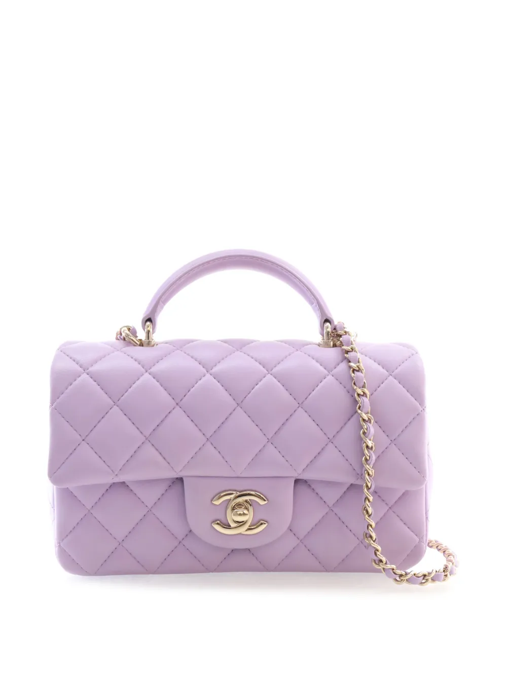 CHANEL Pre-Owned 2021-2026 Mini Rectangular Quilted Lambskin Top Handle Single Flap satchel - Purple