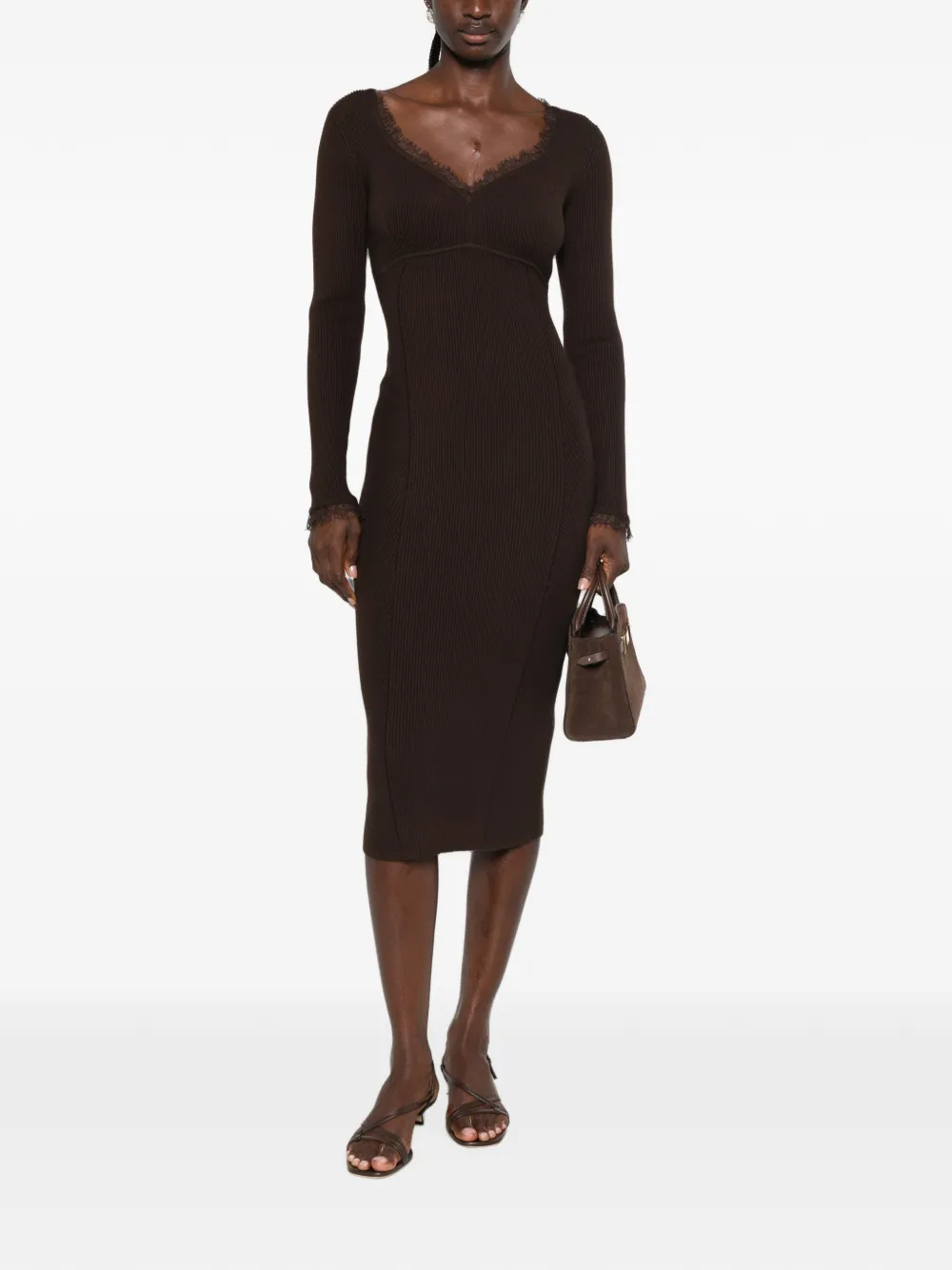 TWINSET Ribgebreide midi-jurk met afwerking van kant Bruin