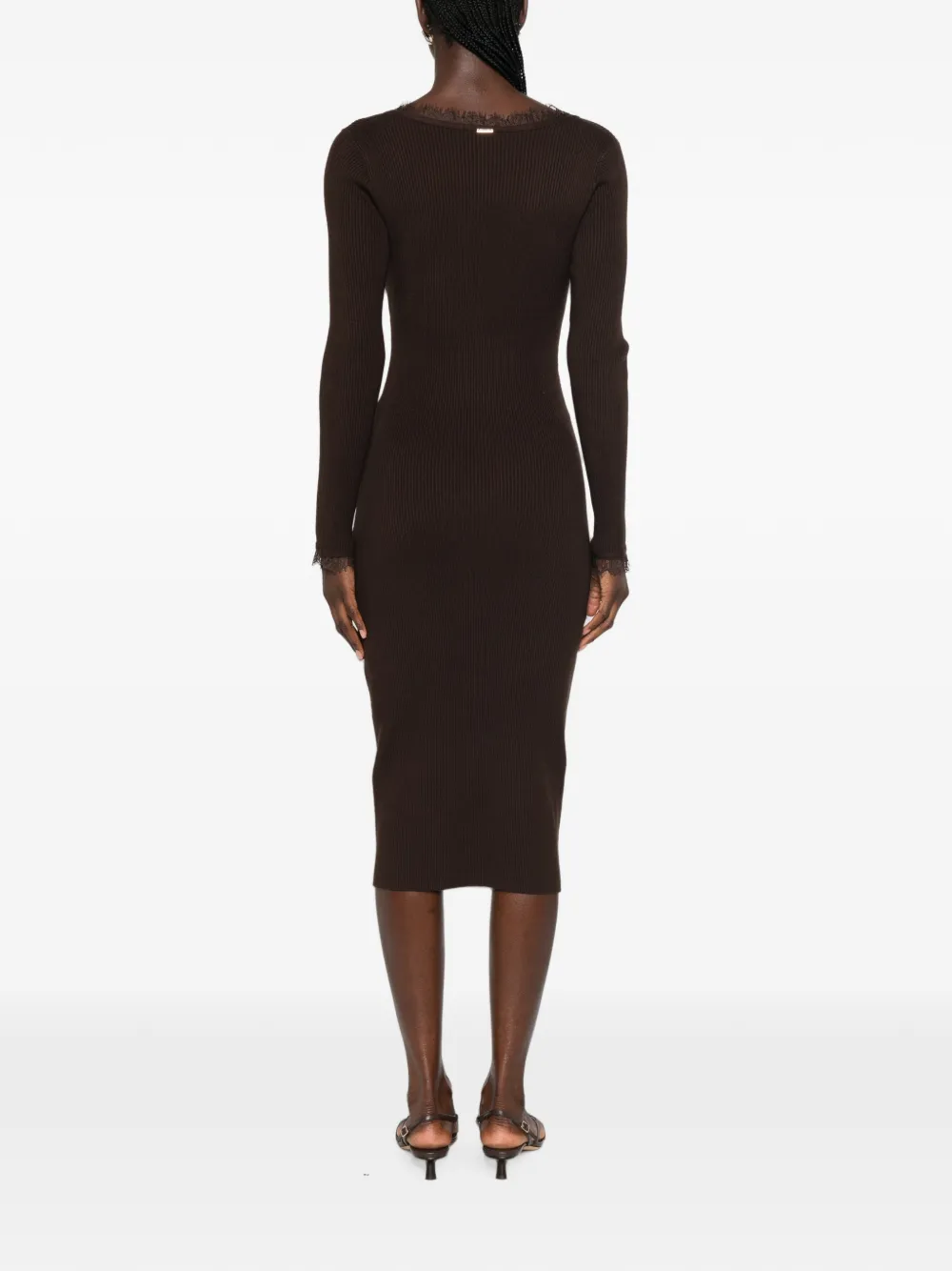 TWINSET lace-trim ribbed-knit Midi Dress | Brown | FARFETCH