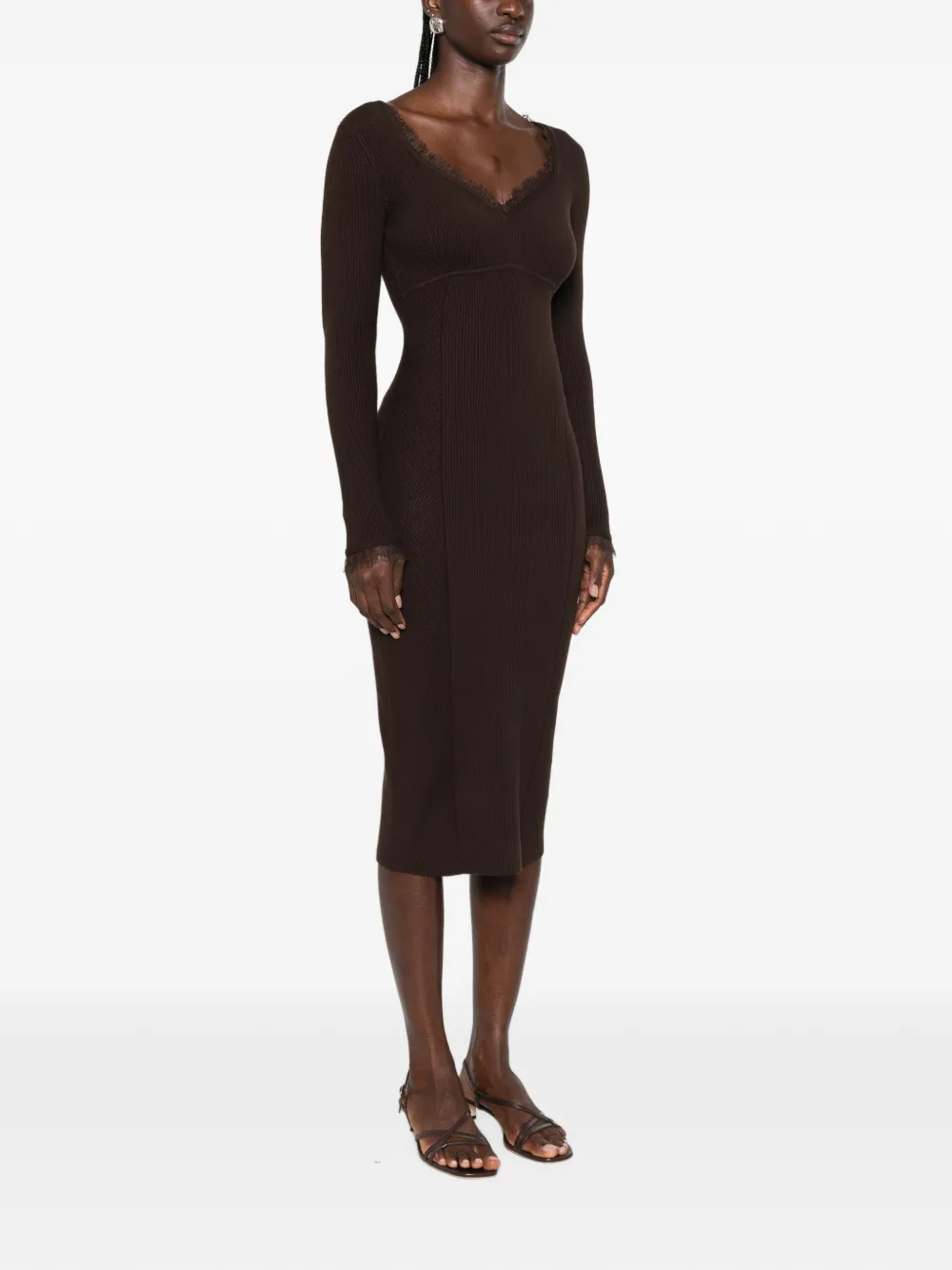 TWINSET Ribgebreide midi-jurk met afwerking van kant Bruin