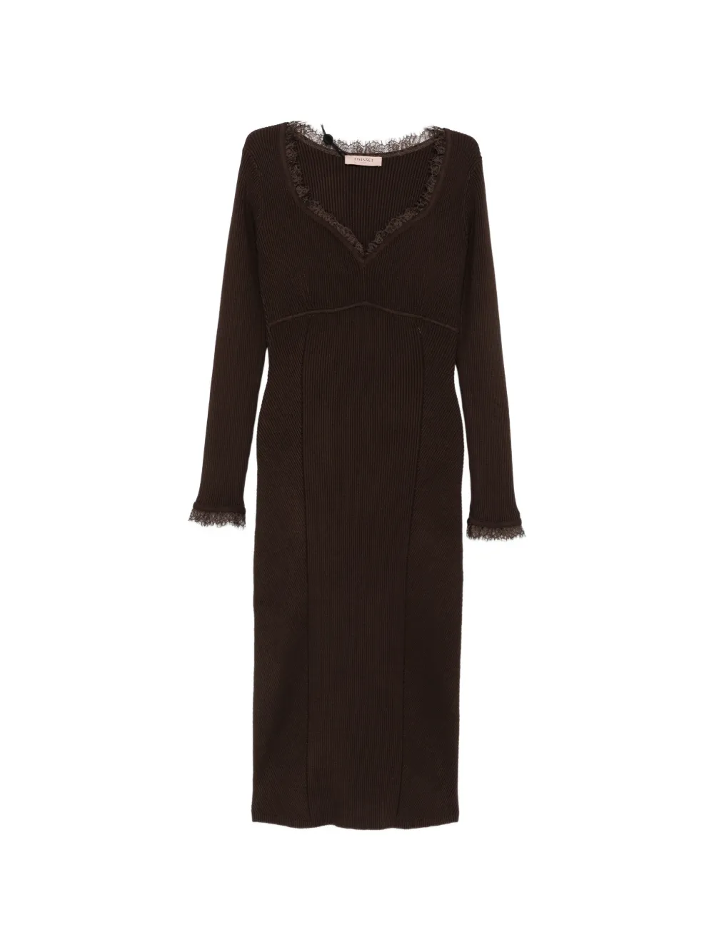 TWINSET lace-trim ribbed-knit midi dress - Braun