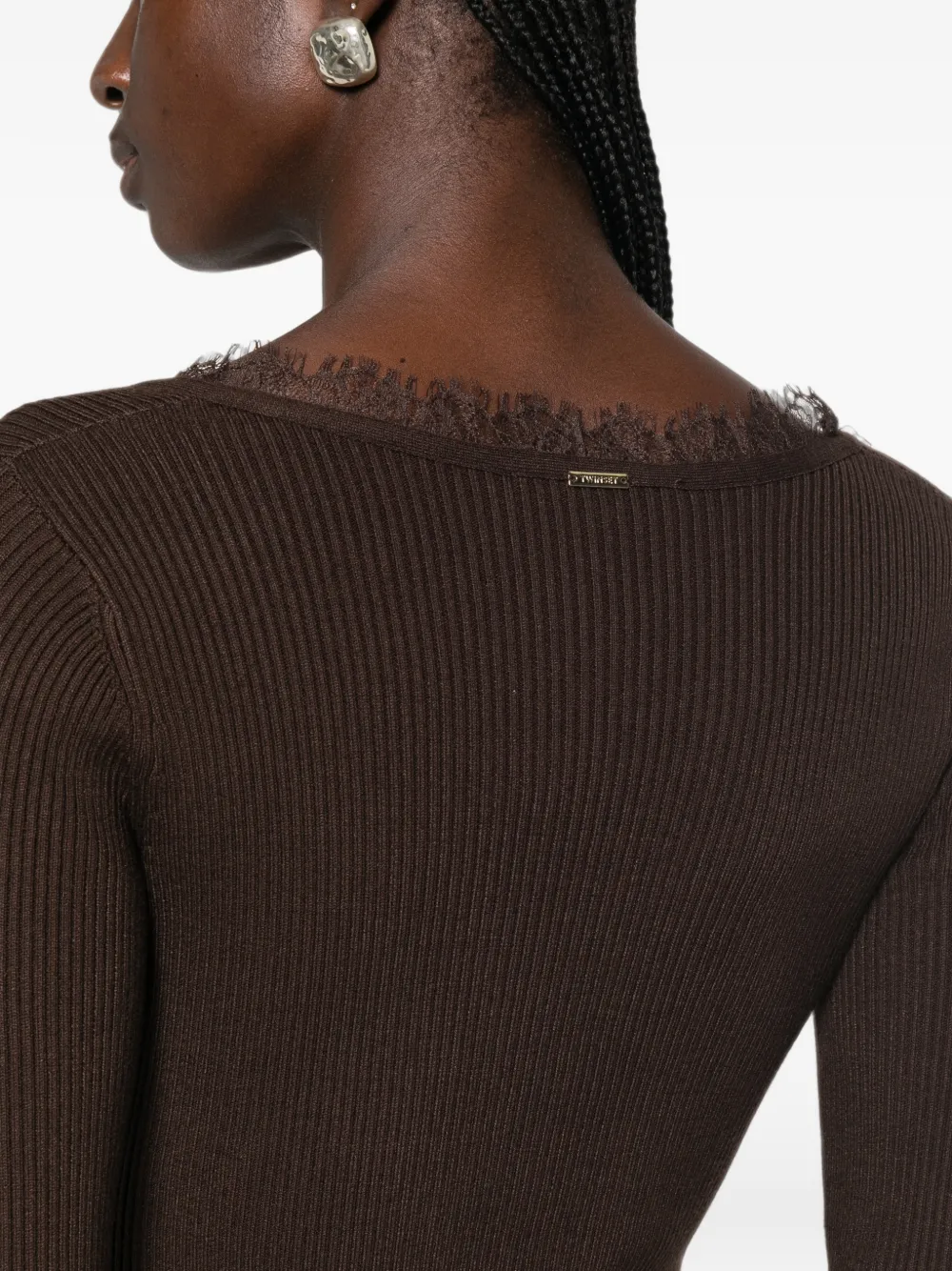 TWINSET Ribgebreide midi-jurk met afwerking van kant Bruin