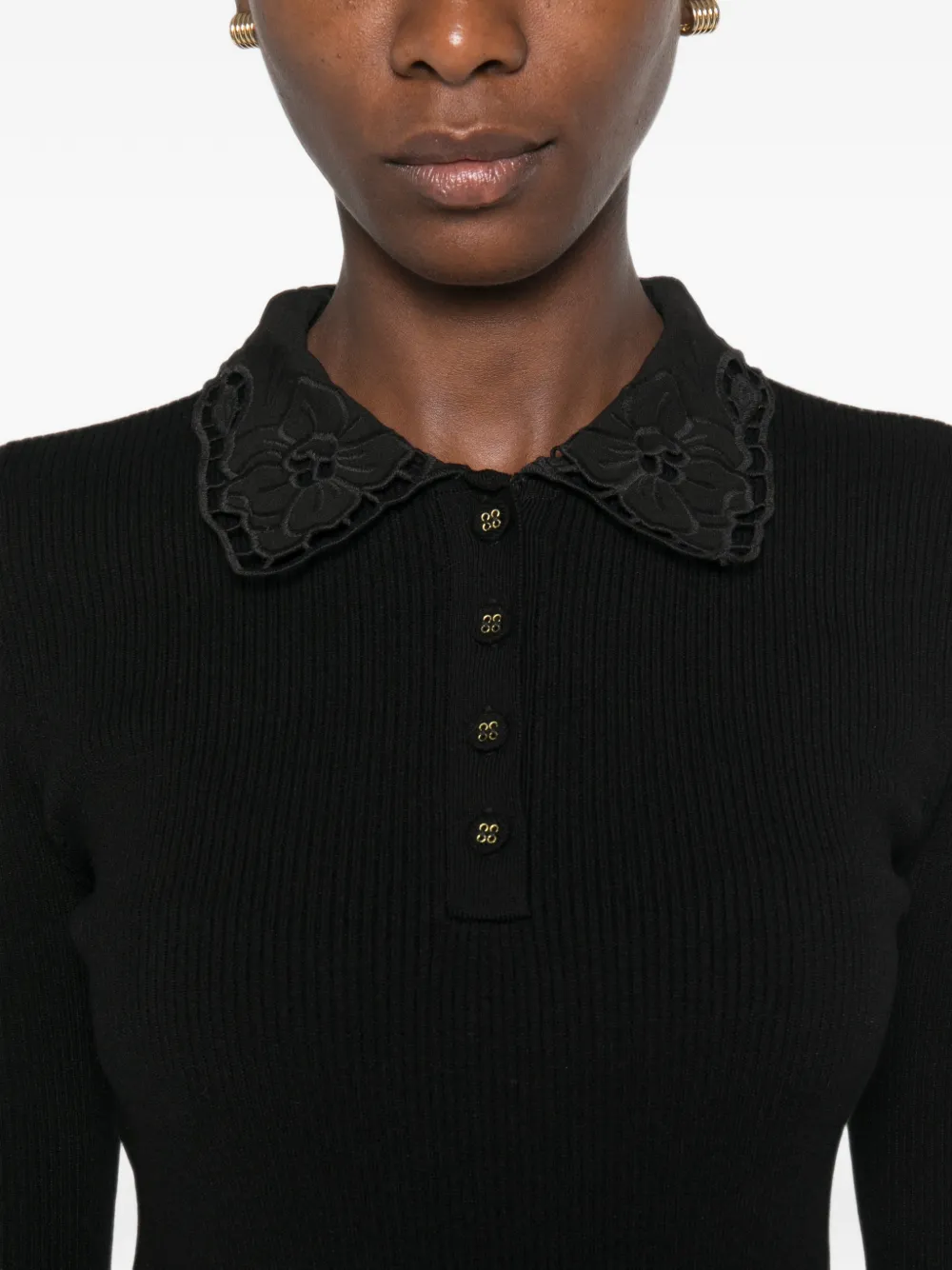 TWINSET Geribbeld poloshirt met kanten kraag Zwart
