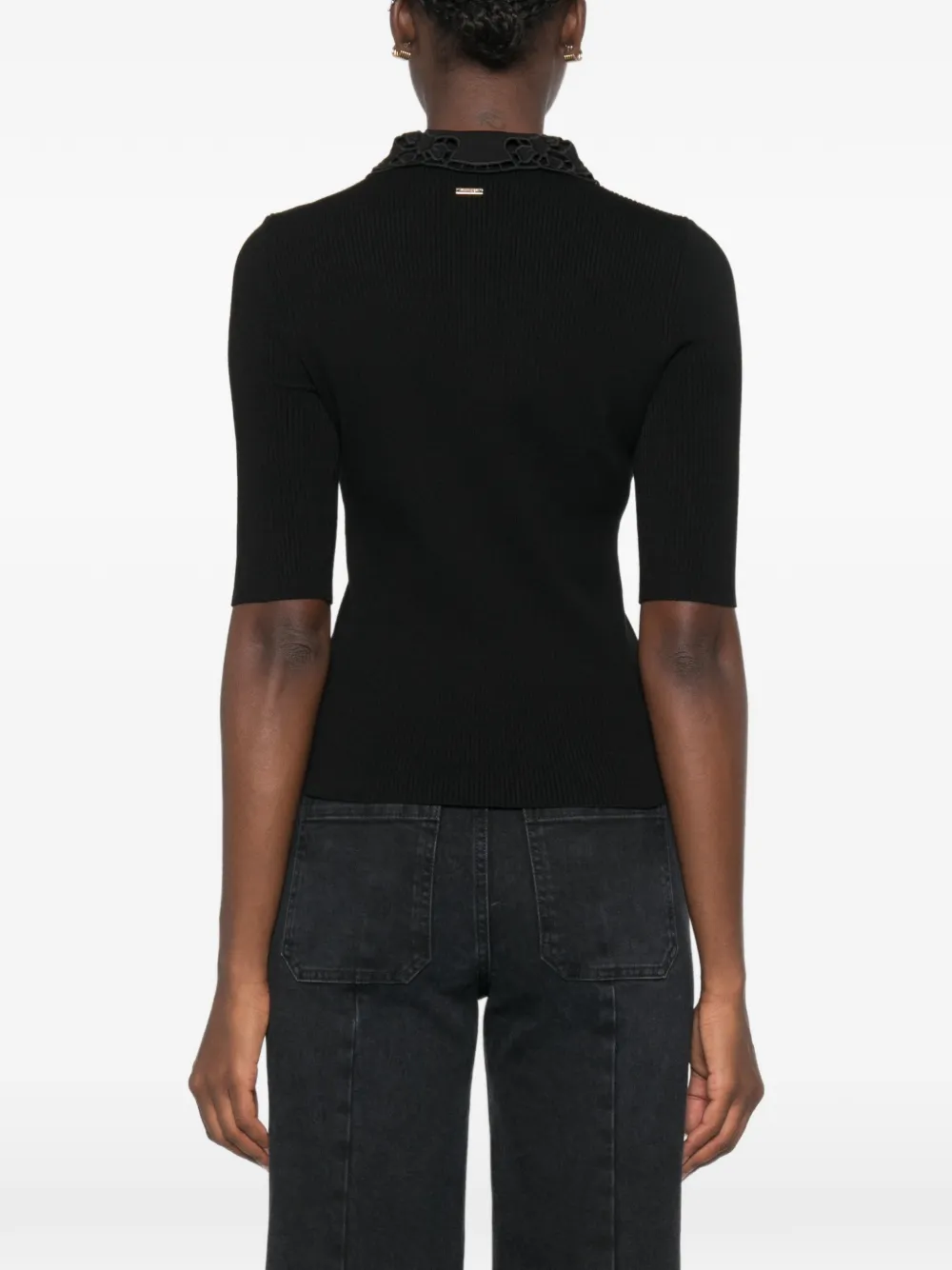 TWINSET Geribbeld poloshirt met kanten kraag Zwart