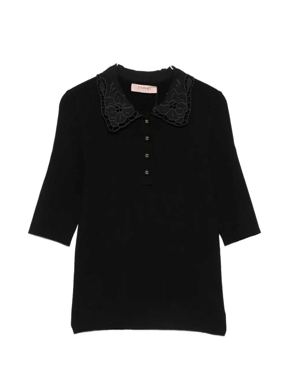 TWINSET lace-collar ribbed polo shirt - Nero