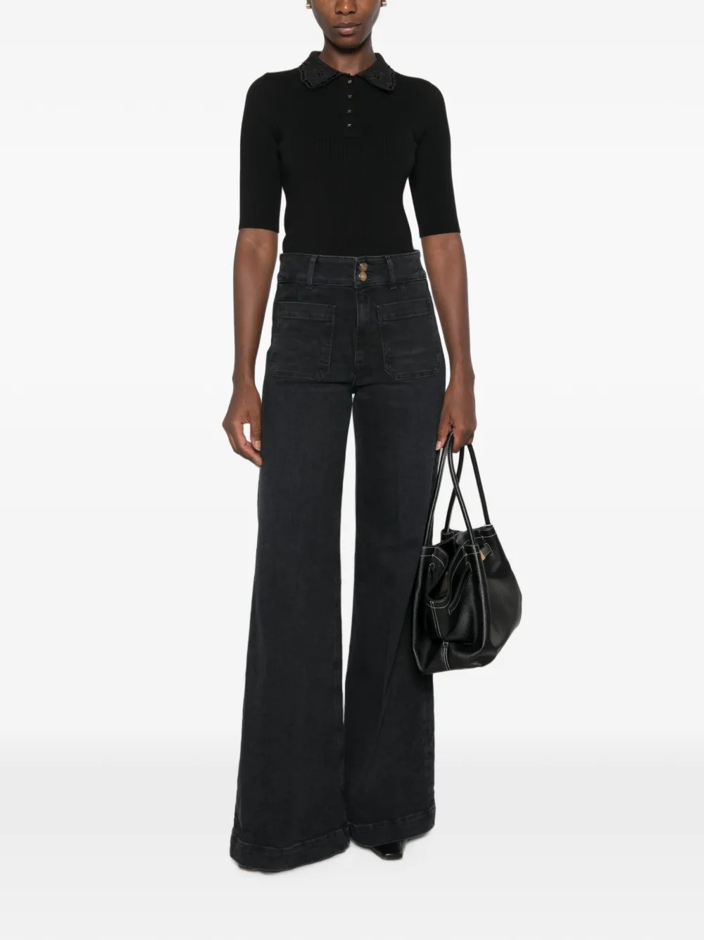 TWINSET Geribbeld poloshirt met kanten kraag Zwart