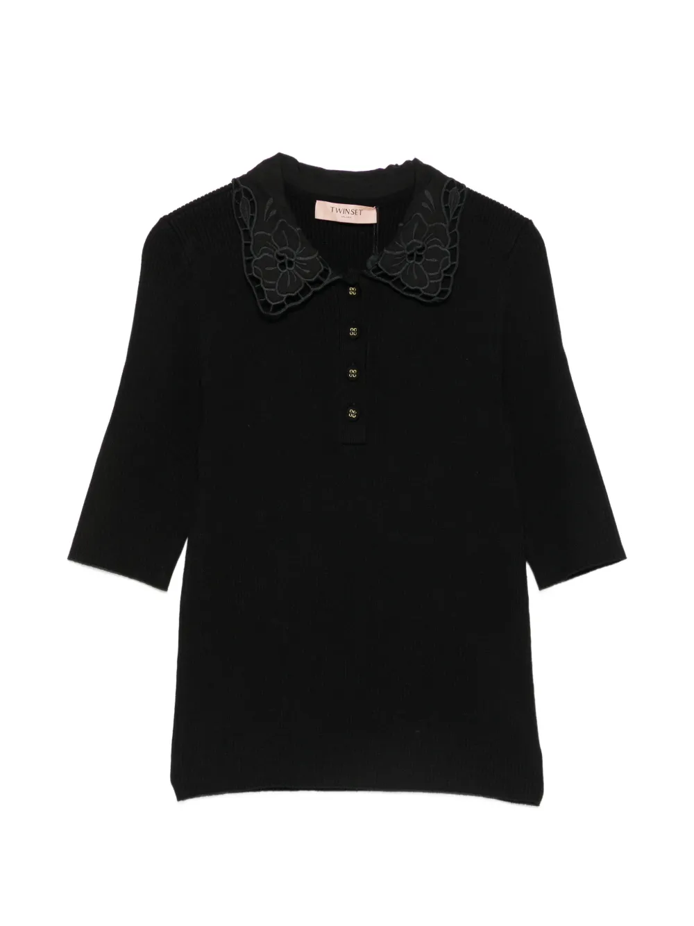 TWINSET lace-collar ribbed polo shirt - Nero