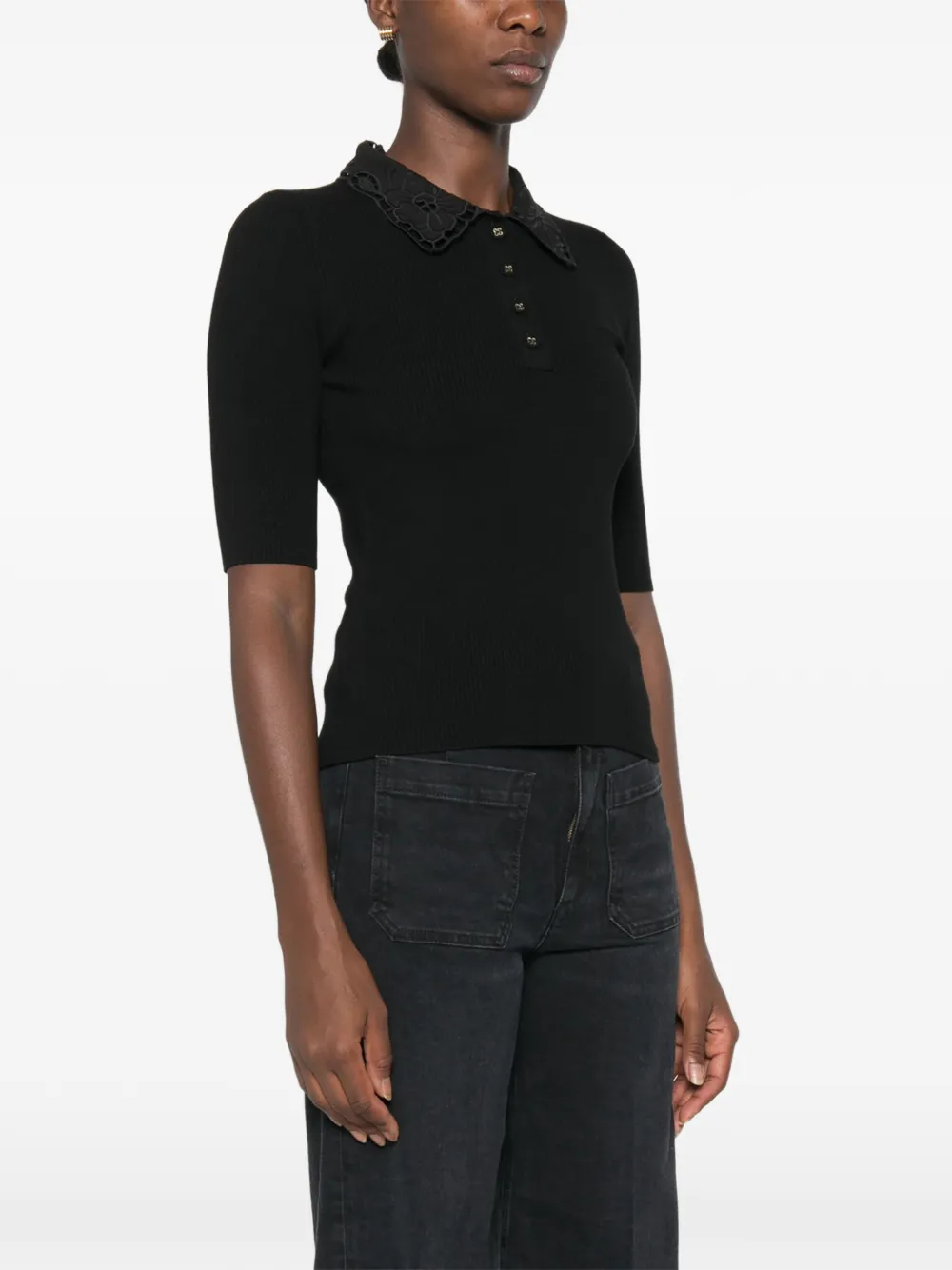 TWINSET Geribbeld poloshirt met kanten kraag Zwart