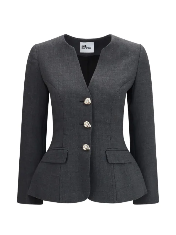 Self-Portrait Grey Wool Collarless Jacket