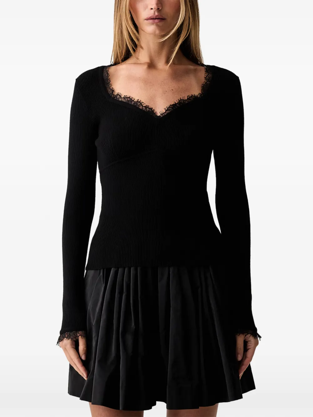 TWINSET lace-trim ribbed sweater - Nero