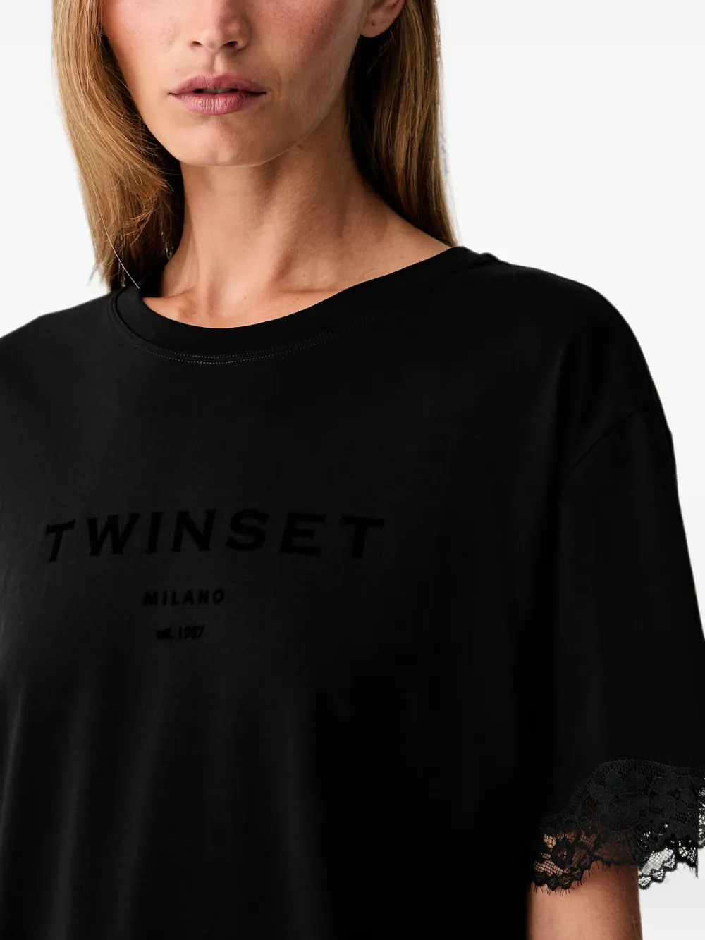 TWINSET T-shirt met logo-print en kanten afwerking Zwart