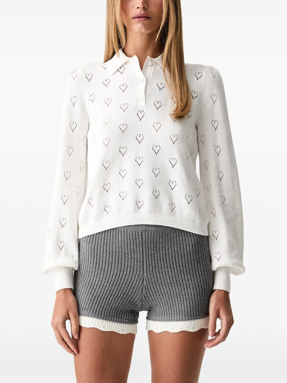 TWINSET heart-pointelle puff-sleeve polo top - Weiß