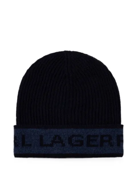 Karl Lagerfeld logo-intarsia ribbed-knit beanie hat